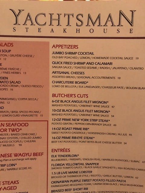 Yachtsmen Steakhouse Dinner menu