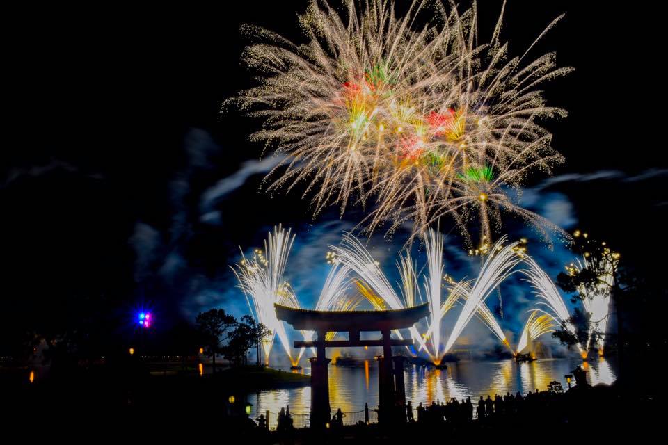 View of Illuminations firework show at Epcot from Japan pavillion