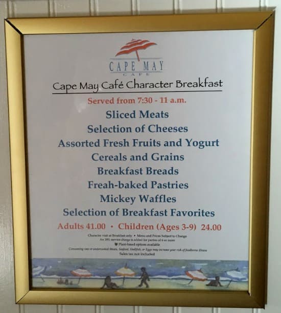 Cape May Cafe character breakfast menu