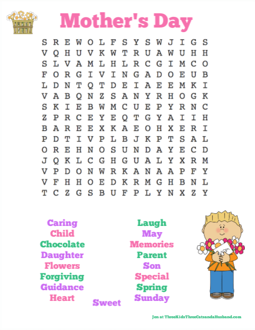 Free Printable Mother's Day Word Searches - Three Kids, Three Cats, and ...