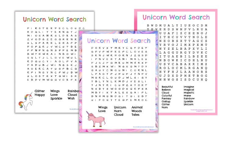 3 free printable unicorn word searches 2 easy 1 challenging