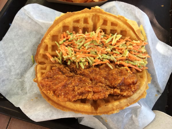 Chicken and slaw waffle sandwich