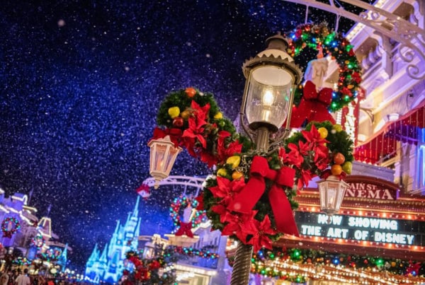 Street lantern with Christmas decorations in Magic Kingdom