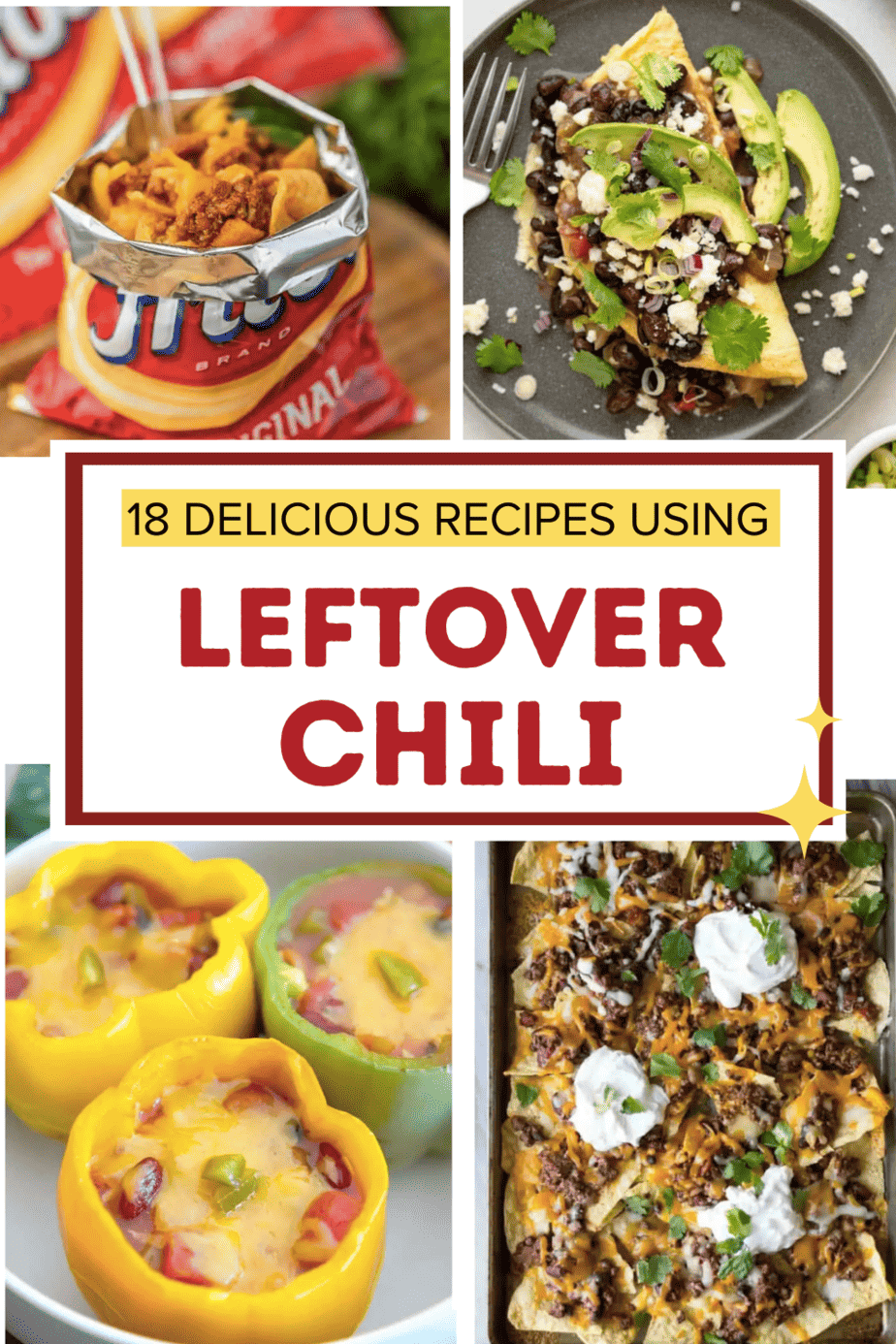 Dinner Recipes Using Leftover Chili.
Includes taco chili frito pie, homemade chili cheese nachos, chili cheese omelette, and chili stuffed peppers