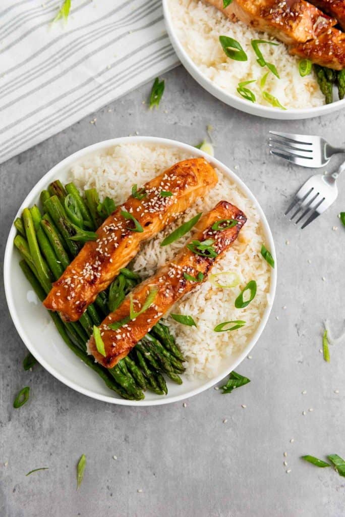 Top angle view of a teriyaki salmon strips with rice and green toppings on a plate.