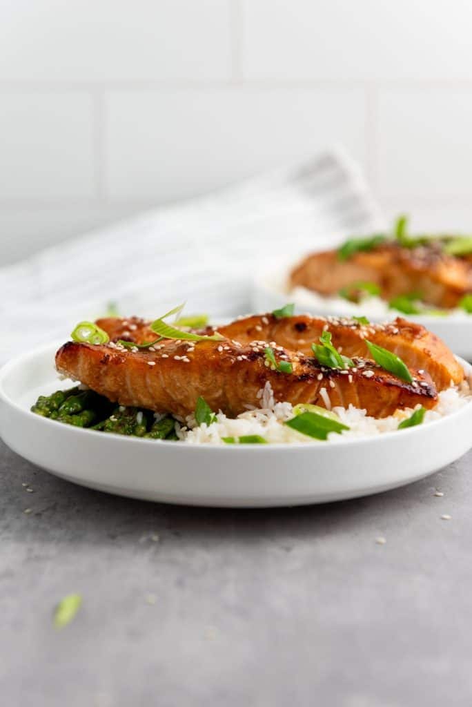 Two teriyaki salmon strips with rice and green toppings on a plate.