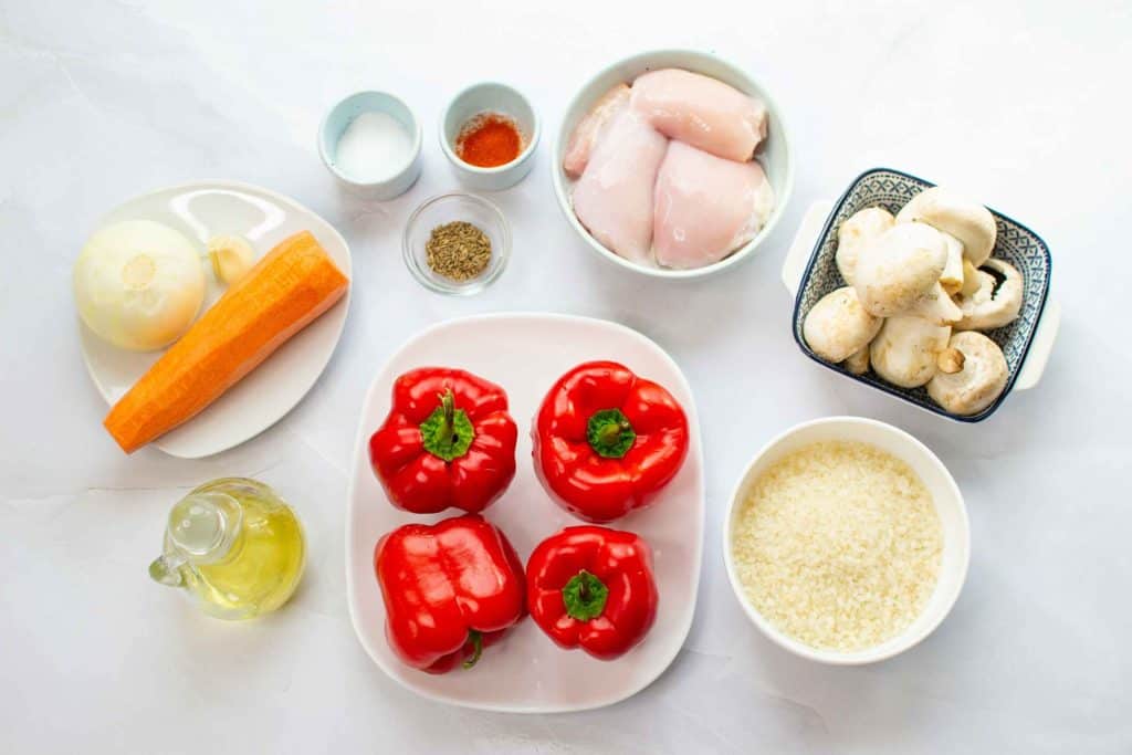 Ingredients arranged on a white table top.