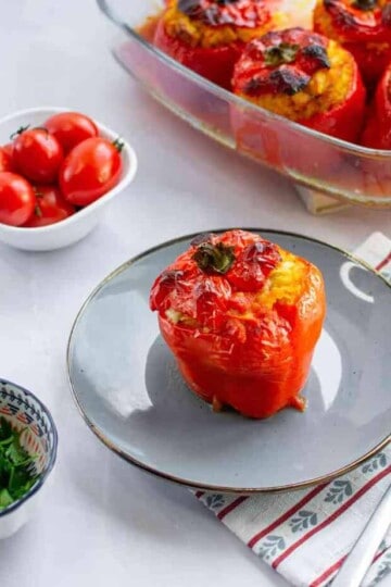 A stuffed pepper in a plate.