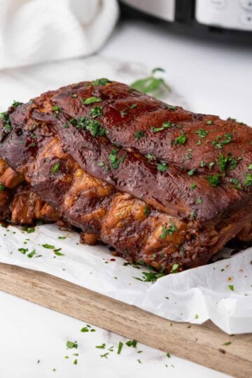 Close up photo of slow cooker honey garlic soy spareribs.