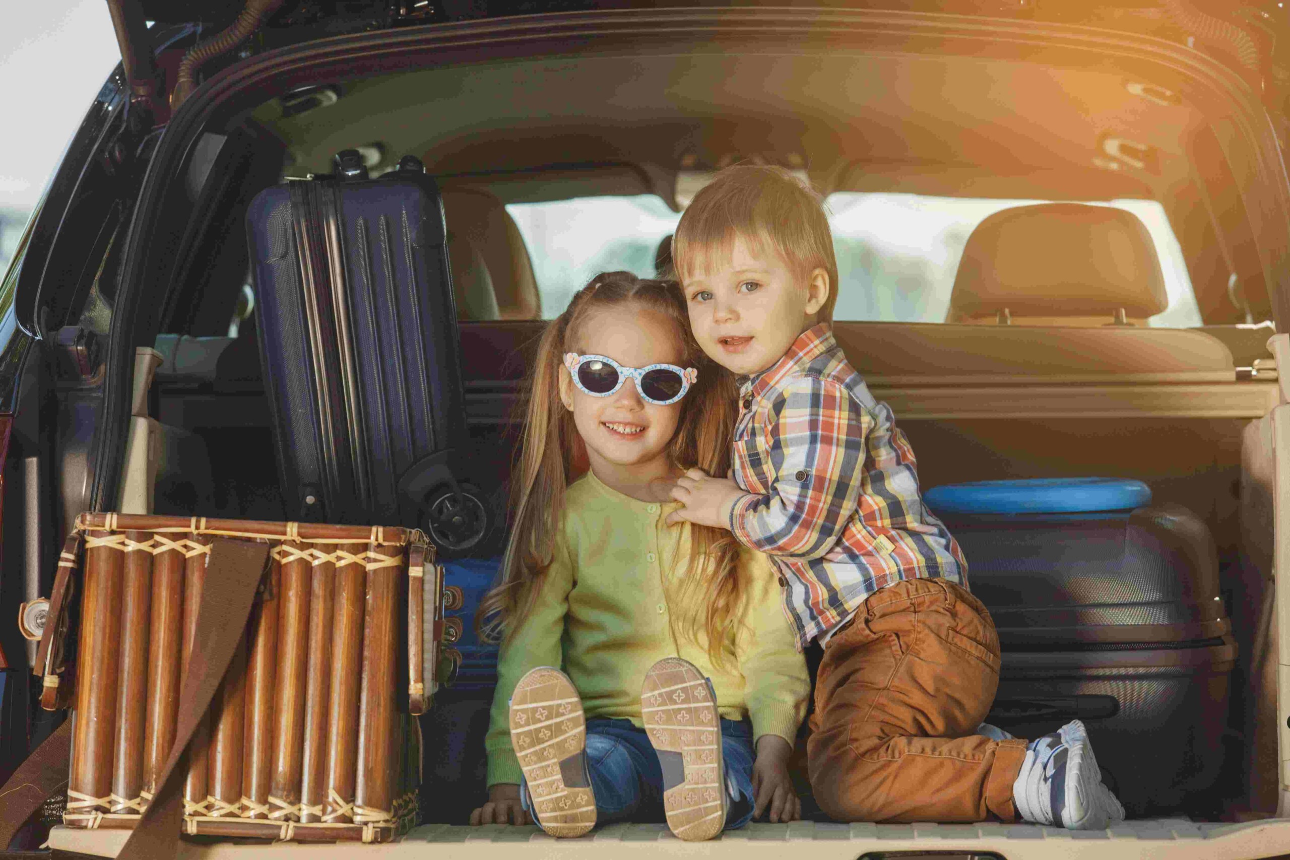 Two children in a car during a road trip.