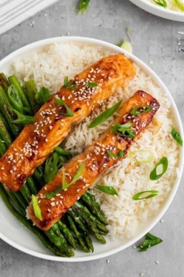 Two teriyaki salmon strips with rice and green toppings on a plate.