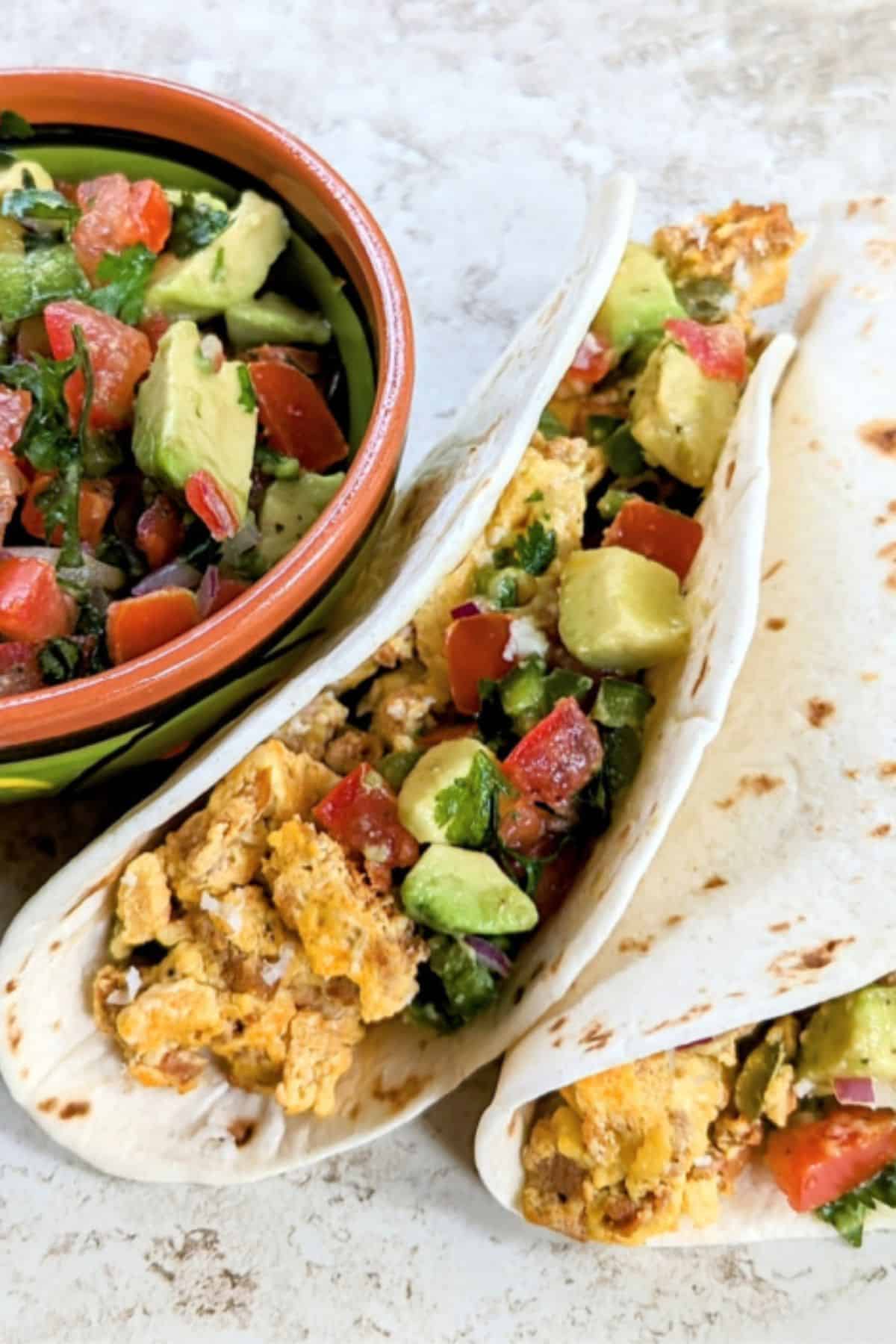 Close up photo of chorizo breakfast tacos.