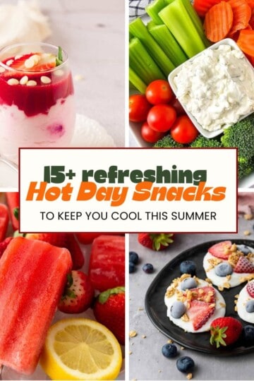 A collage of four snack images featuring dips, chips, veggies, and bites.