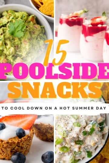 Collage photos of poolside snacks.