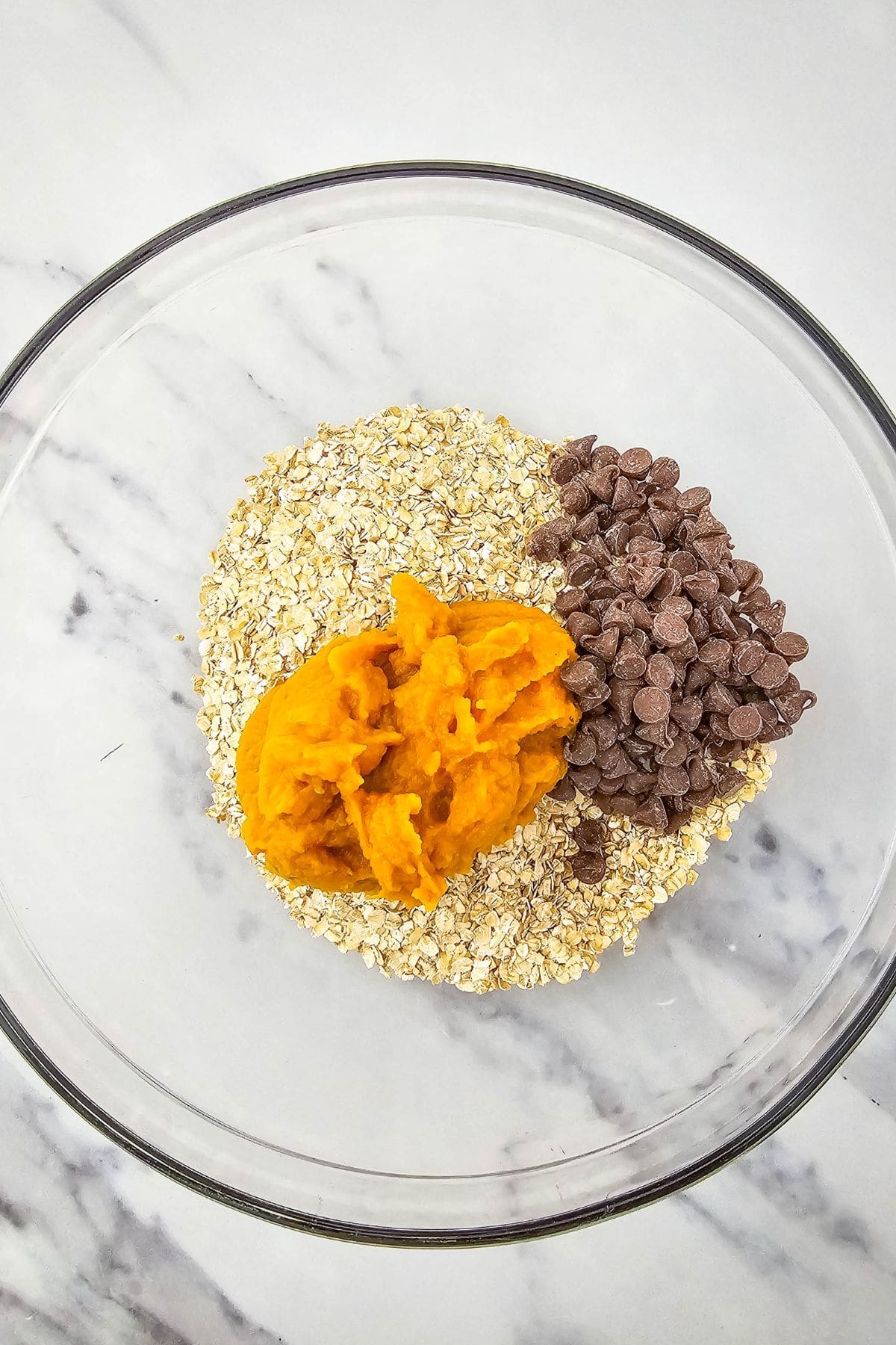 A mixing bowl containing pumpkin puree, oats and chocolate chips.