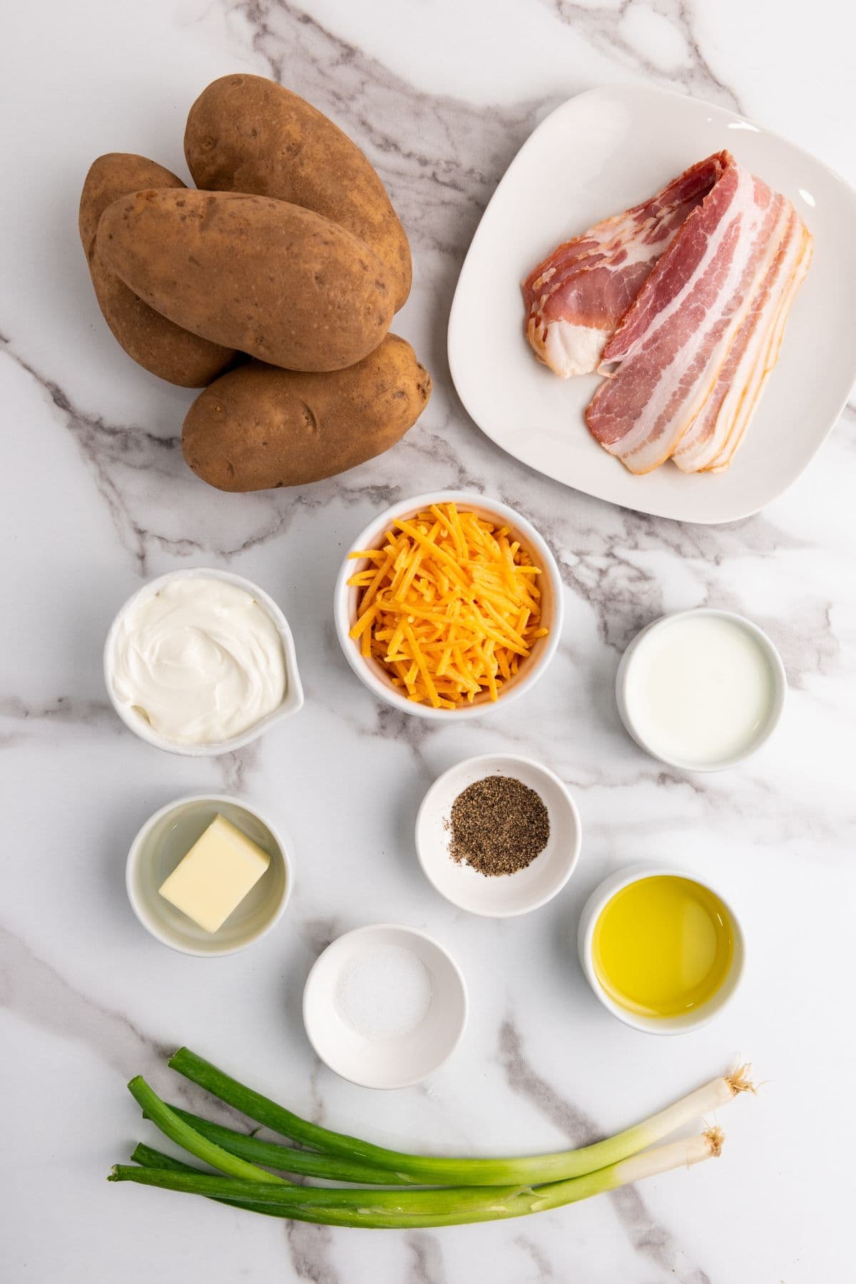 Ingredients for two baked potatoes.