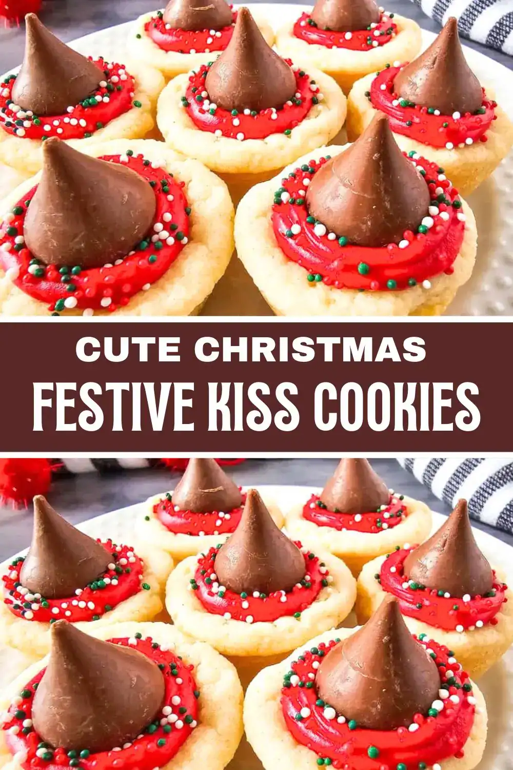 Delicious holiday cookies topped with chocolate kisses, red icing, and sprinkles, ideal for Christmas celebrations.