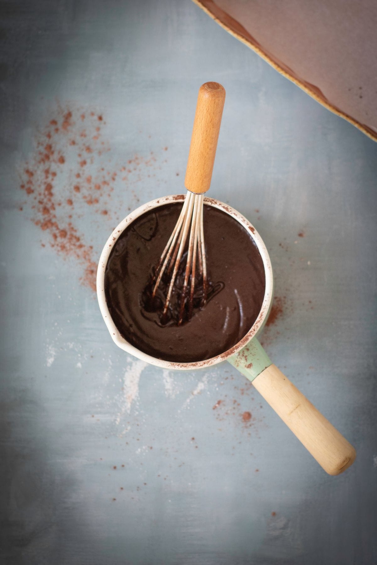 A chocolate ganache mixture in a small saucepan with a metal whisk resting on top.