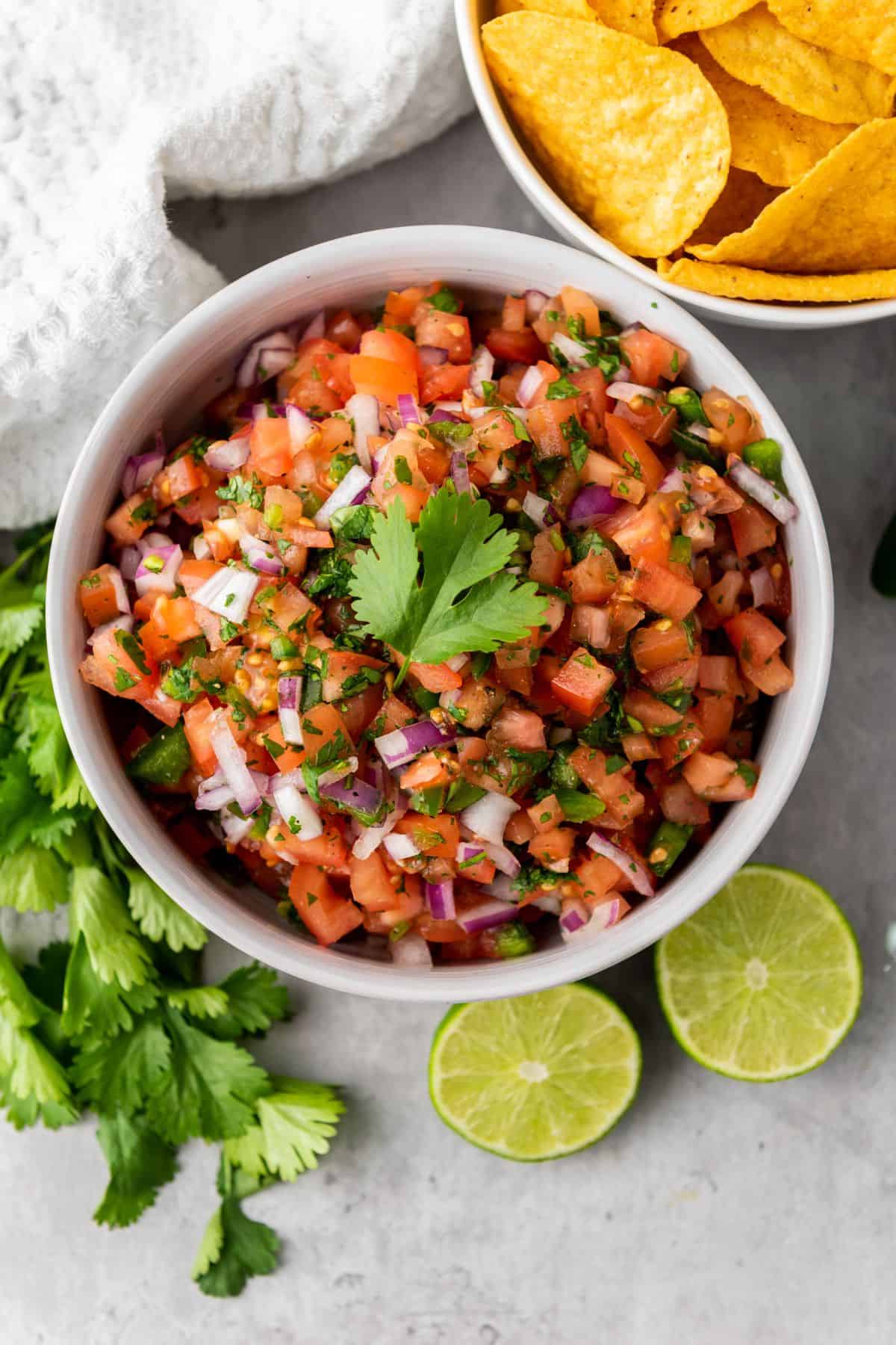 Close-up photo of zesty tomato salsa served in a bowl with parsley and slice of lime. 
