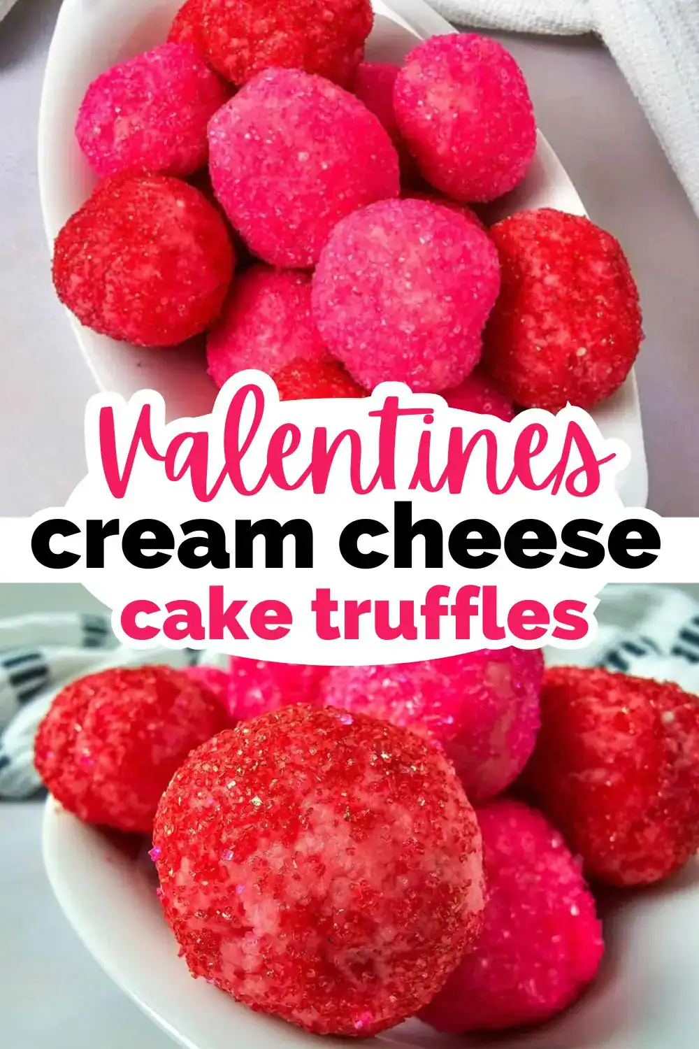 Close-up of pink and red Valentine's Day cake truffles coated with sugar in a white bowl.