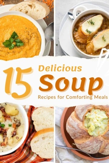 Collage of various soups served in bowls.