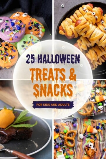 Collage of various Halloween-themed recipes including spooky desserts, colorful treats, and festive party snacks.