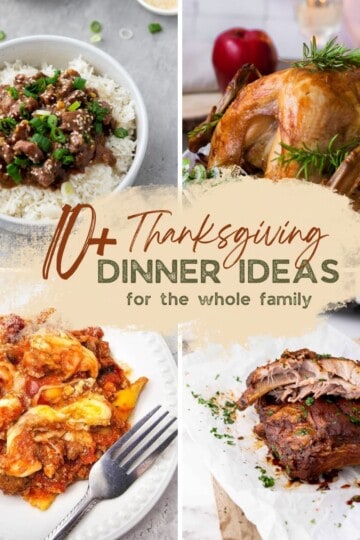 Collage showing a variety of Thanksgiving dinner dishes.