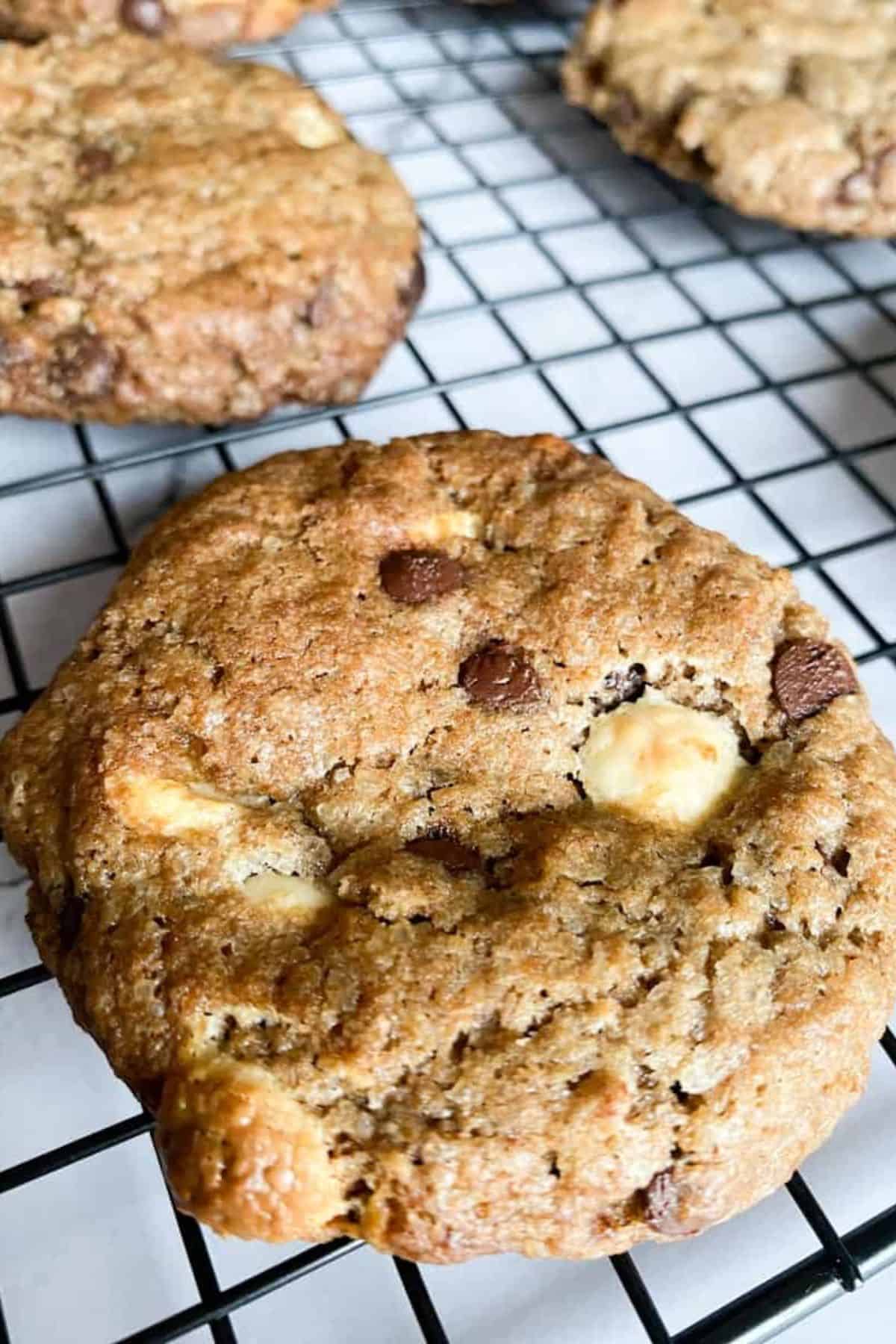 Close-up of a single sourdough double chocolate chip cookie on a cooling rack.