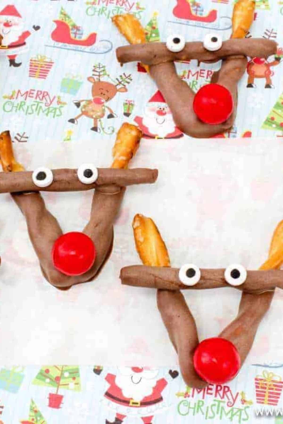 Rudolph Christmas Pretzels arranged with a festive Christmas-themed cover, decorated with chocolate, pretzels, and candy eyes.