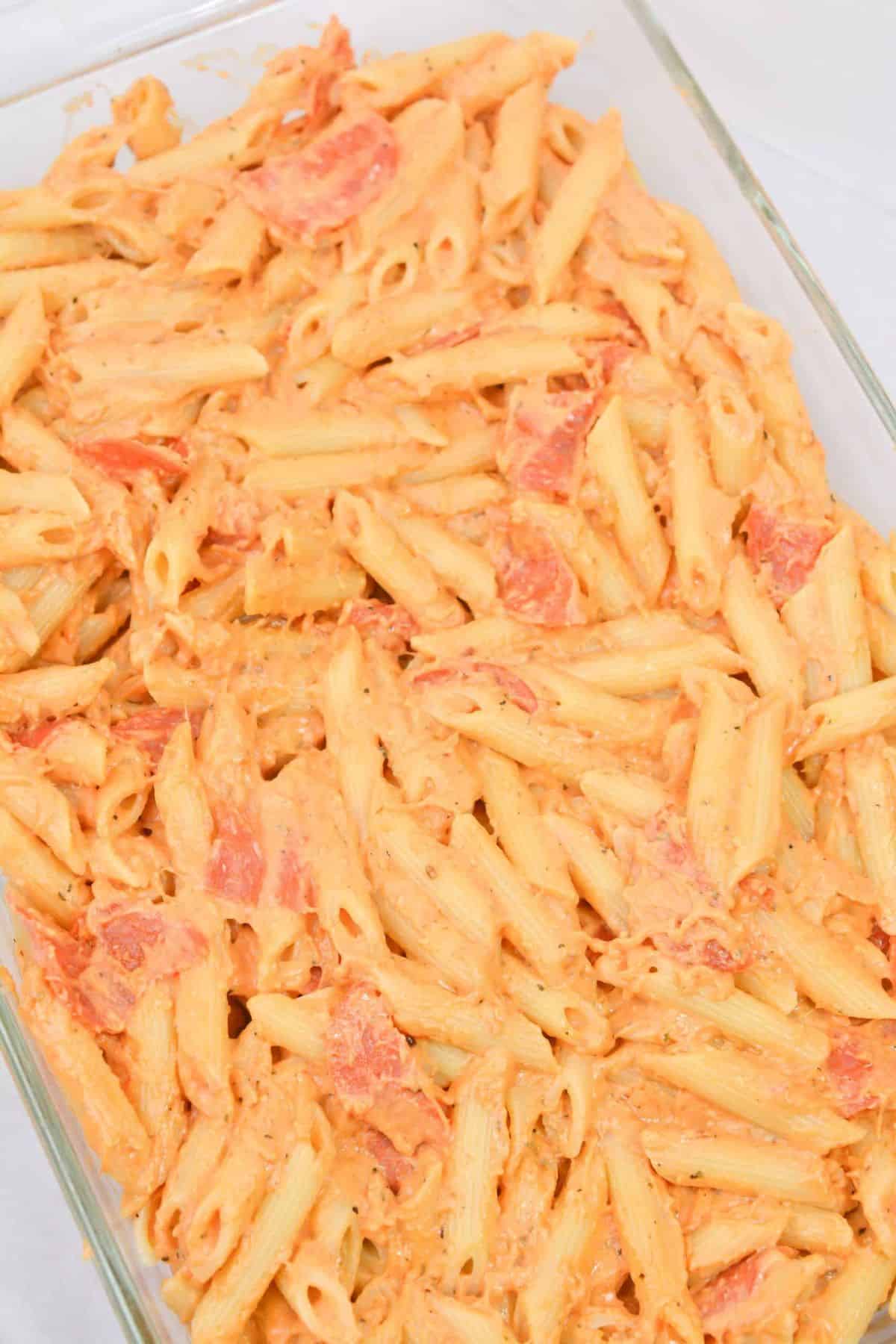 Pasta in a serving dish.