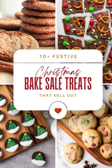 Collage of festive Christmas bake sale treats, all decorated with holiday colors and toppings.