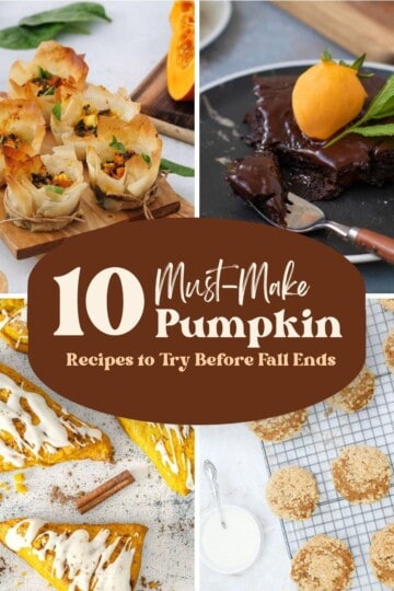 Collage of pumpkin recipes including bread, muffins, cookies, and pie.