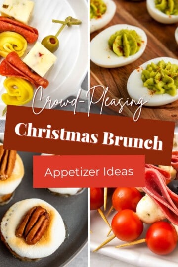 Collage of Christmas brunch appetizers featuring a variety of colorful and festive bite-sized dishes arranged on plates and boards.
