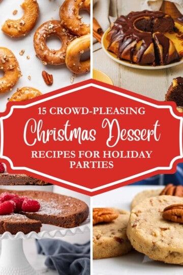 Collage of Christmas desserts including cookies, cakes, and donuts, arranged festively for the holidays.