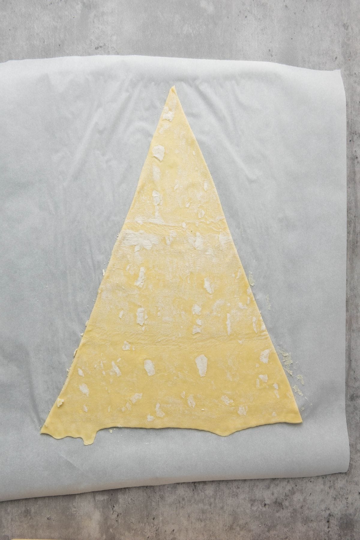 Dough being flattened on lightly floured parchment paper.