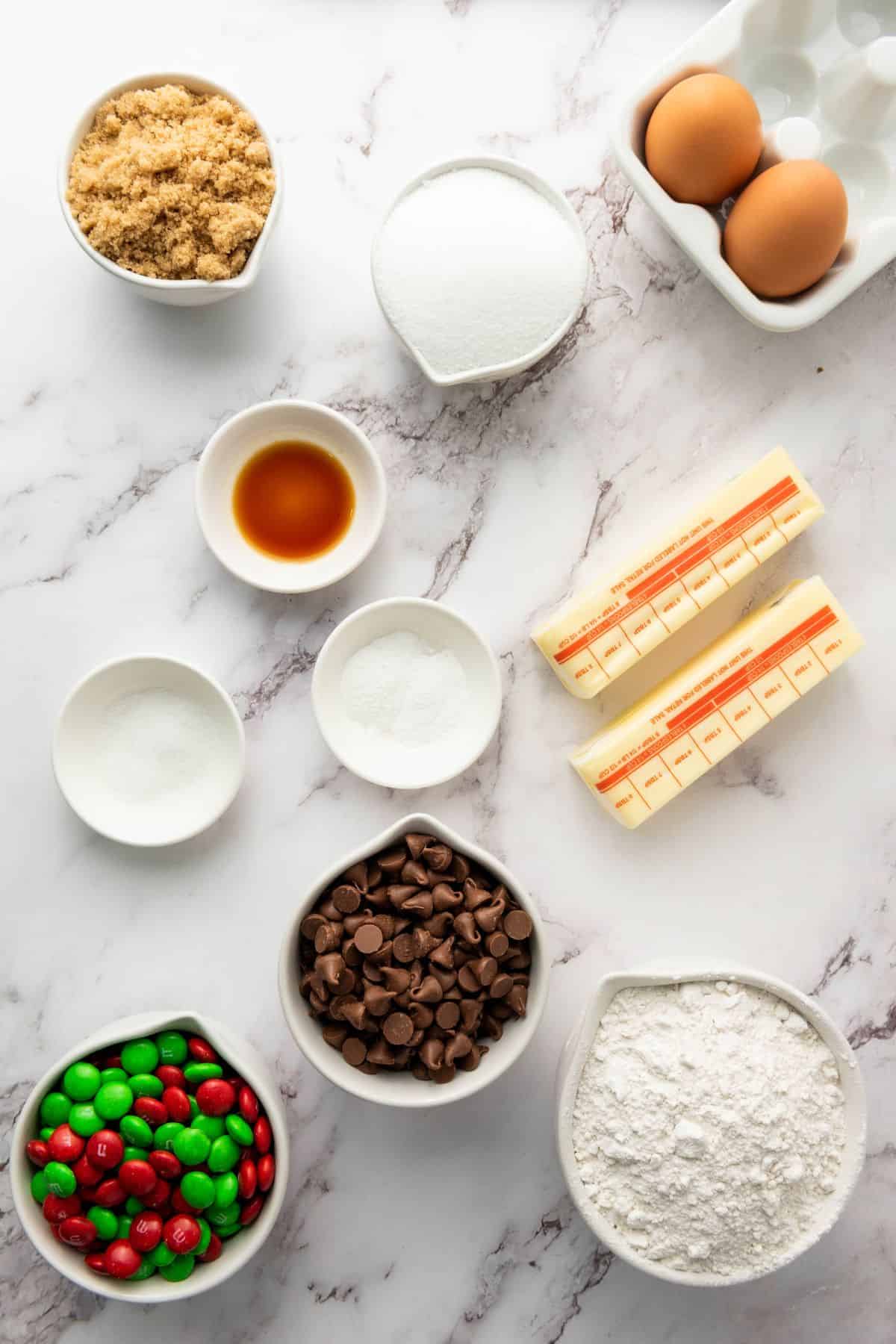 Cookie ingredients neatly arranged on a surface.