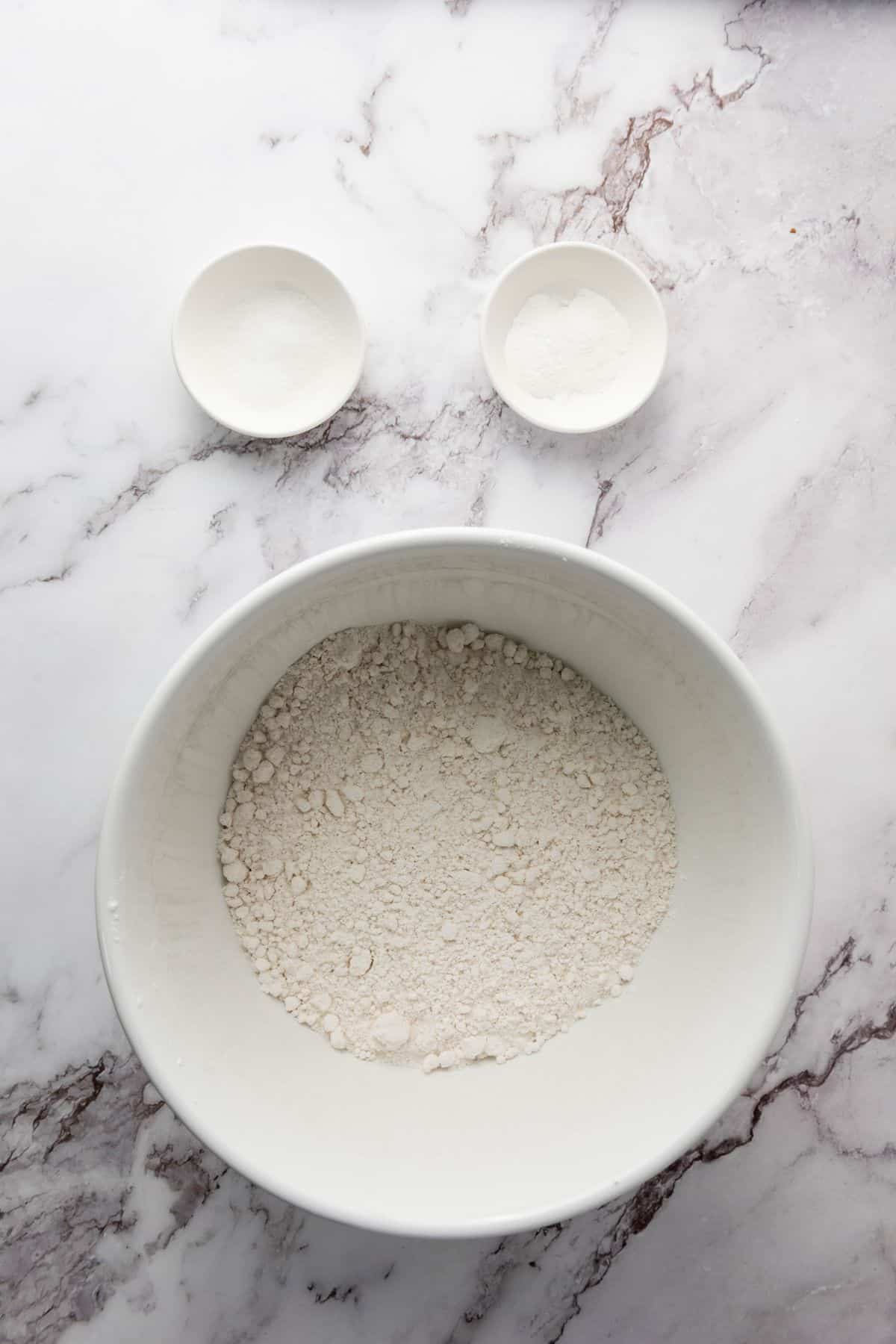 Cookie ingredients neatly arranged on a surface.