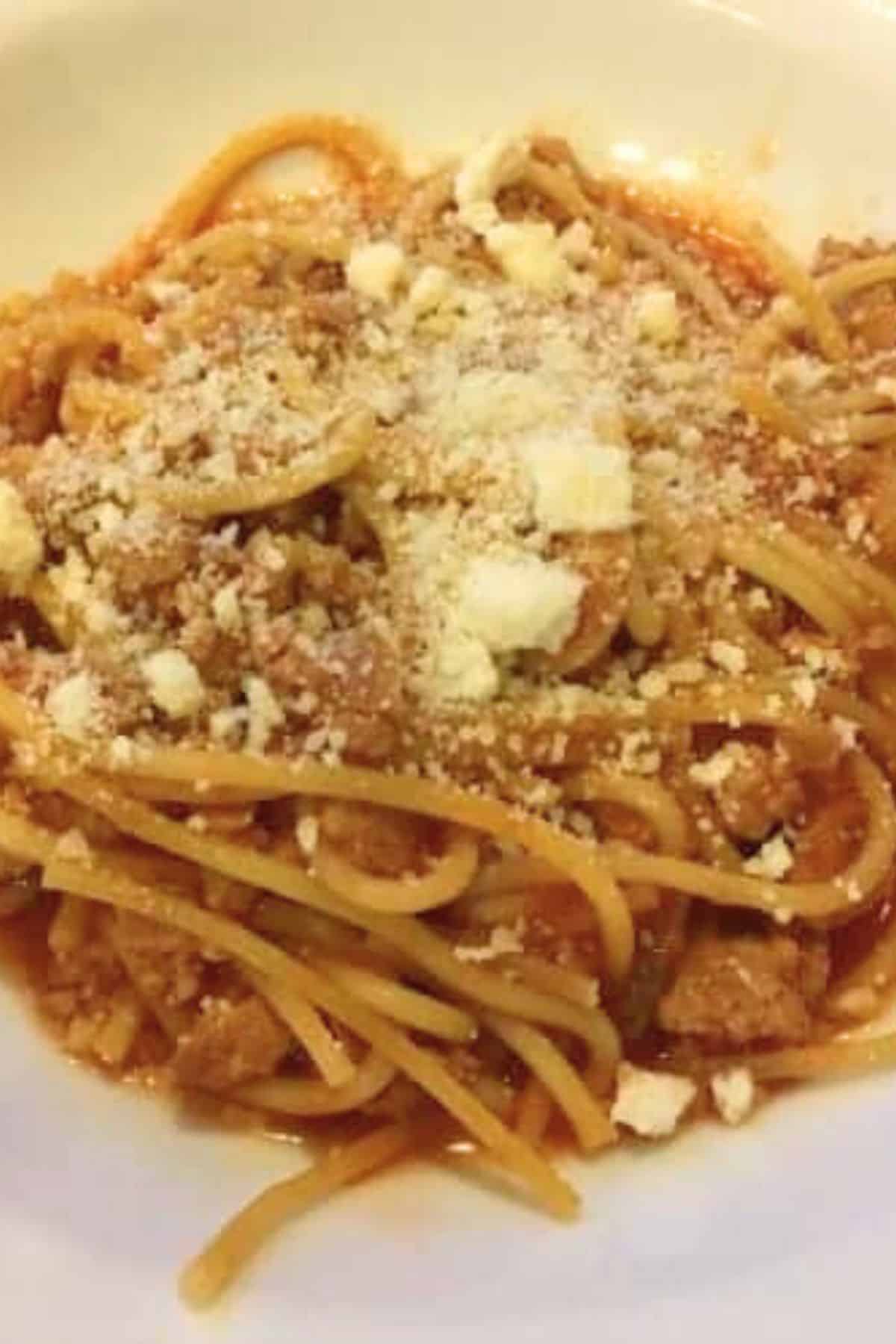 Close-up of spaghetti topped with grated cheese, showing the texture of the pasta and melted topping.