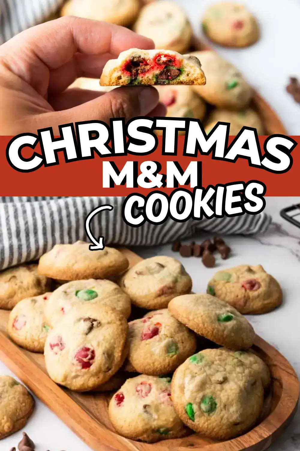 Delicious Christmas M&M cookies filled with red, green, and chocolate candies.