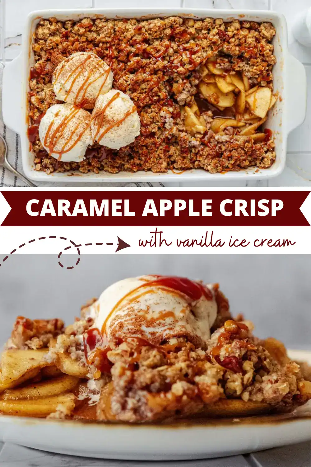 caramel apple crisp with vanilla ice cream