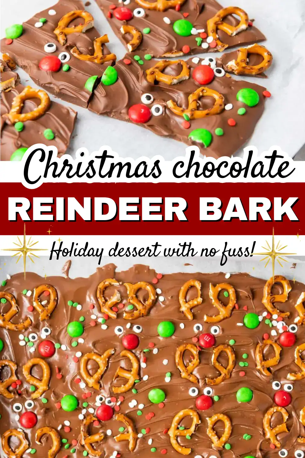Decorated Christmas chocolate bark with pretzels, candies, and sprinkles for holiday cheer.