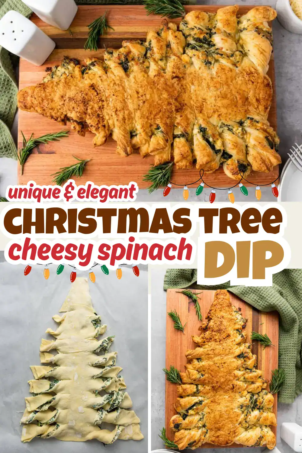 Delicious Christmas tree-shaped spinach and cheese chicken dip on wooden cutting board. Perfect holiday appetizer.