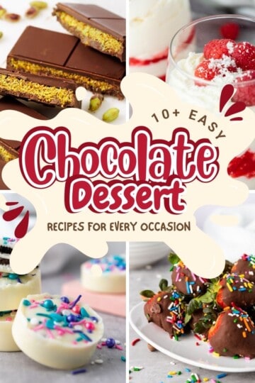 Assorted chocolate desserts displayed together, including brownies, cookies, chocolate-covered treats, and chocolate pudding, showcasing a variety of textures, shapes, and toppings.