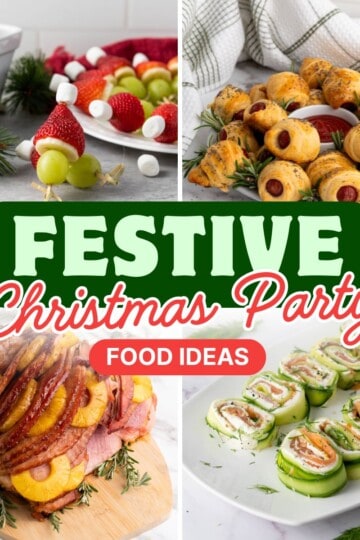 Collage of Christmas-themed foods including appetizers, snacks, and desserts, arranged on plates and wooden boards with festive garnishes.
