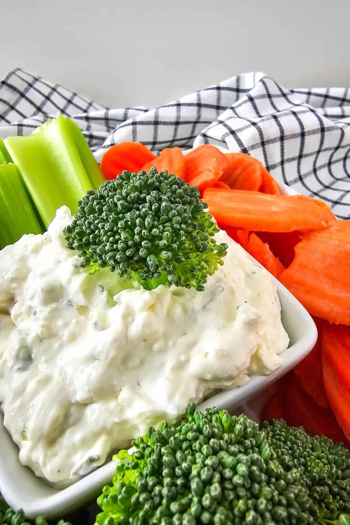 A bowl of creamy veggie dip surrounded by fresh vegetables, with a piece of broccoli resting on top of the dip.