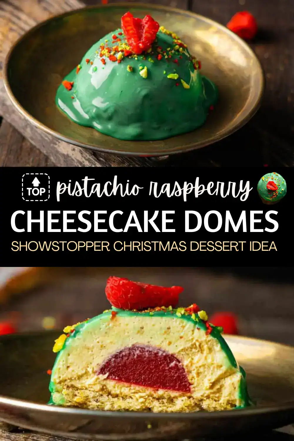 Vibrant pistachio and raspberry cheesecake dome topped with strawberries and colorful sprinkles. Perfect holiday dessert.