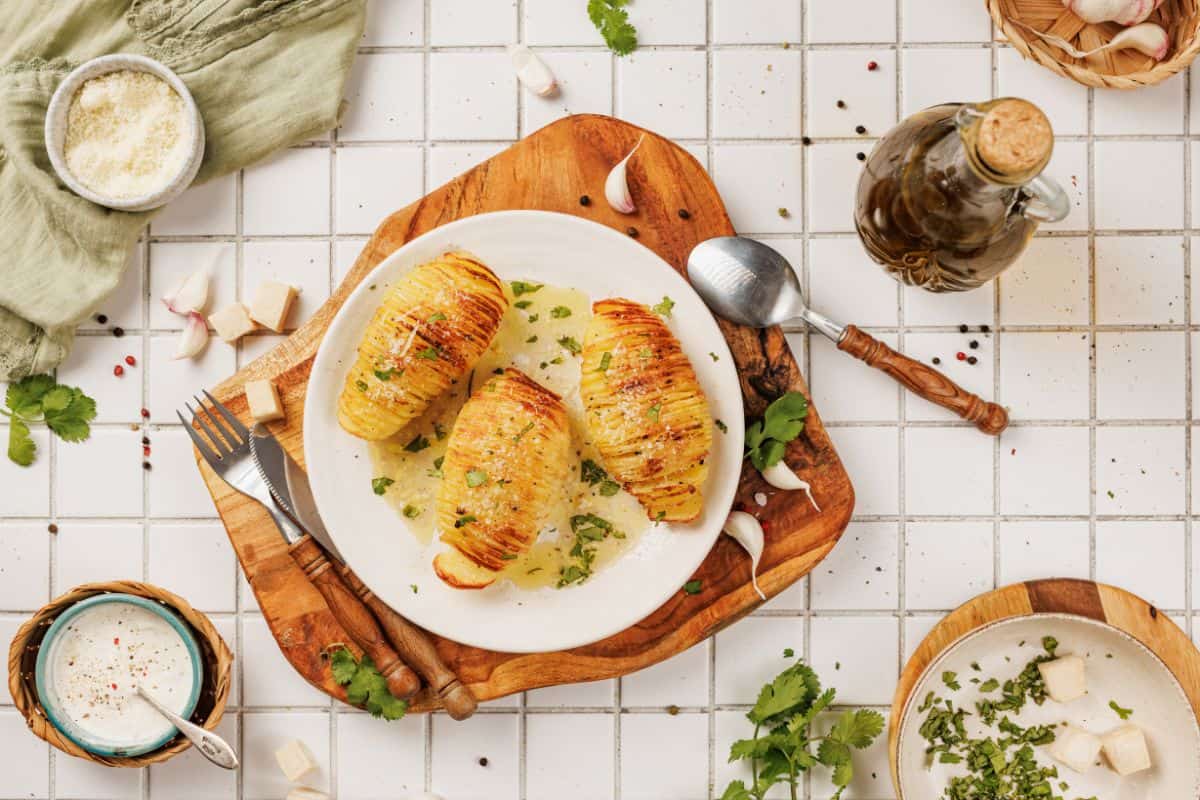 Hasselback potato served on a plate, garnished with grated Parmesan and fresh herbs, drizzled with garlic-parmesan butter, with utensils on the side.