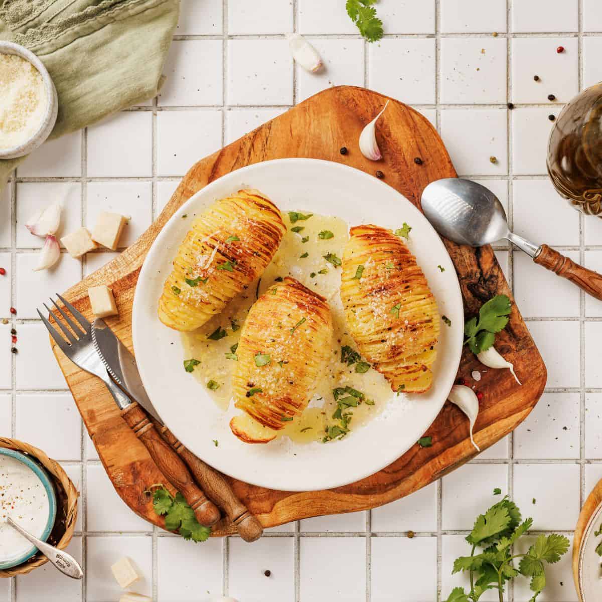 Hasselback potato served on a plate, garnished with grated Parmesan and fresh herbs, drizzled with garlic-parmesan butter, with utensils on the side.
