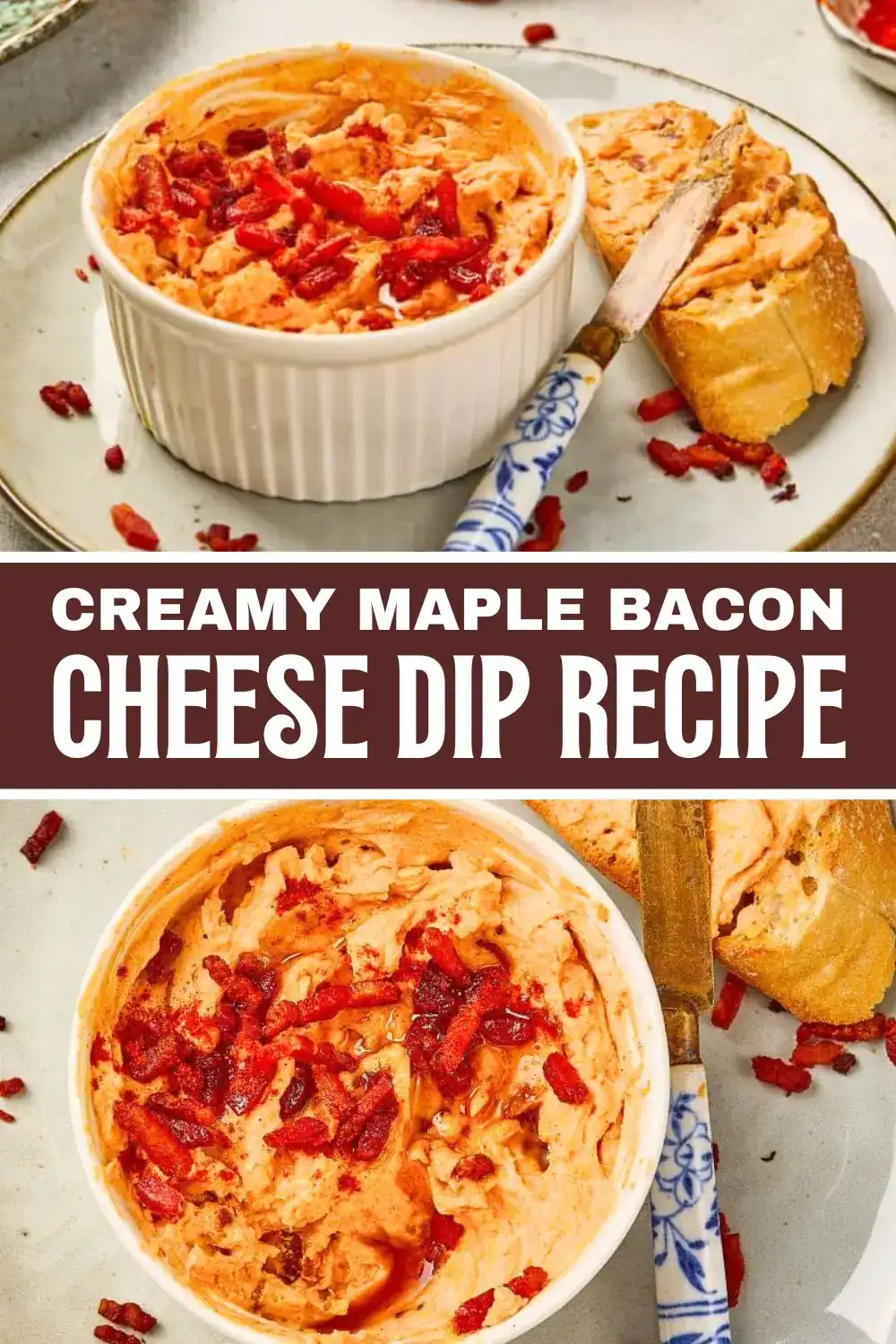 A close-up of a savory cheese and bacon dip topped with crispy bacon bits, served with baguette slices for dipping.