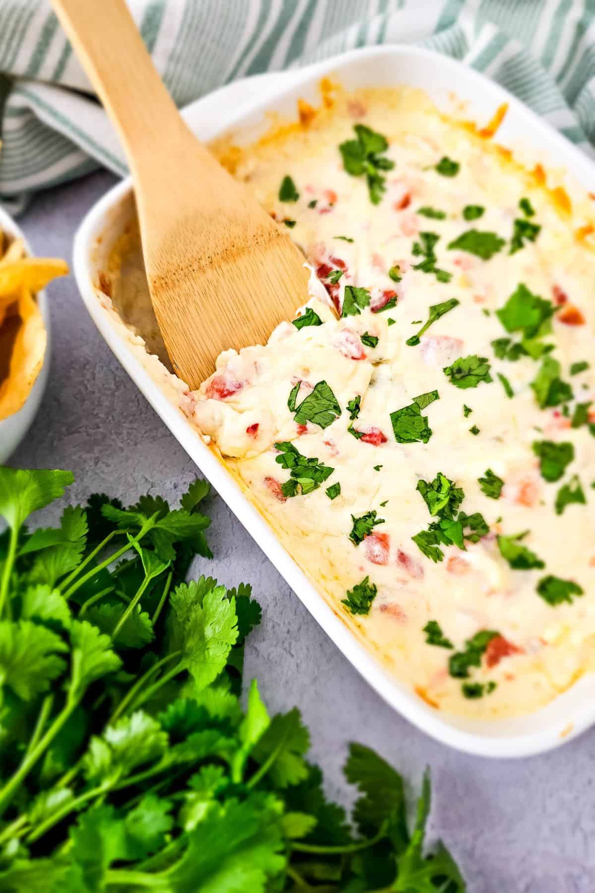 Simple queso dip served in a dish with a spatula resting on it.